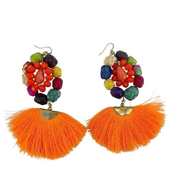 Handmade Colorful Mexican Beaded Tassel Drop Lighweight Statement Earrings - Picture 5 of 7